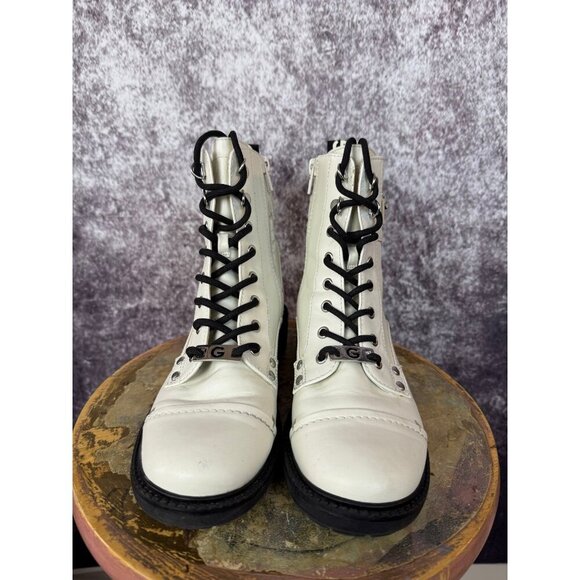 G by Guess White Boots Grace Combat Moto Ankle Buckled Side Zip Lace Up 7M - Picture 3 of 8